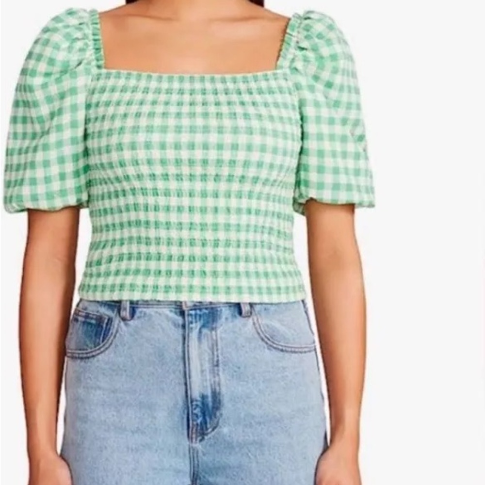 BB Dakota Green Gingham Puff Sleeve Top